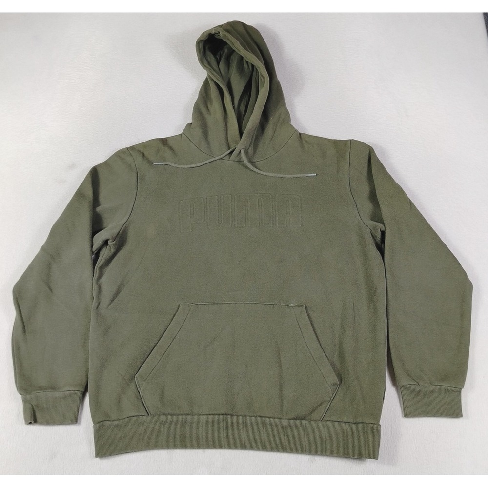 Puma Hoodie Sweatshirt Mens Medium Green Pullover Fleece Embossed Distressed